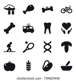 16 vector icon set : factory filter, chicken leg, bone, bike, tourist, tennis, mortar