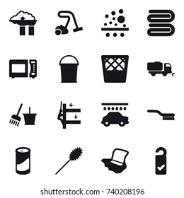 16 vector icon set : factory filter, vacuum cleaner, towel, bucket, trash bin, sweeper, bucket and broom, skyscrapers cleaning, car wash, brush, cleanser powder, duster, floor washing, please clean