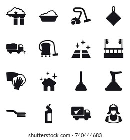 16 vector icon set : factory filter, washing, vacuum cleaner, rag, sweeper, clean floor, skyscapers cleaning, wiping, house cleaning, plunger, brush, toilet cleanser, home call cleaning, cleaner