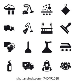 16 vector icon set : factory filter, vacuum cleaner, rag, sweeper, skyscapers cleaning, scraper, wiping, plunger, brush, toilet cleanser, home call cleaning, cleaner, outsource