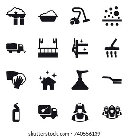 16 vector icon set : factory filter, washing, vacuum cleaner, sweeper, skyscapers cleaning, skyscrapers cleaning, wiping, house cleaning, plunger, brush, toilet cleanser, home call cleaning, cleaner
