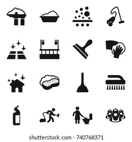 16 vector icon set : factory filter, washing, vacuum cleaner, clean floor, skyscapers cleaning, scraper, wiping, house cleaning, sponge with foam, plunger, brush, toilet cleanser, toilet cleaning