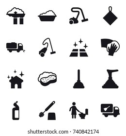 16 vector icon set : factory filter, washing, vacuum cleaner, rag, sweeper, clean floor, wiping, house cleaning, sponge with foam, plunger, toilet cleanser, toilet brush, toilet cleaning