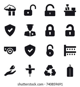 16 vector icon set : factory filter, unlock, locked, unlocked, surveillance camera, watering, hand leaf, scarecrow, recycling, dry wash