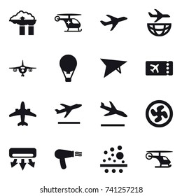 16 vector icon set : factory filter, plane, air ballon, deltaplane, ticket, airplane, departure, arrival, cooler fan, air conditioning, hair dryer