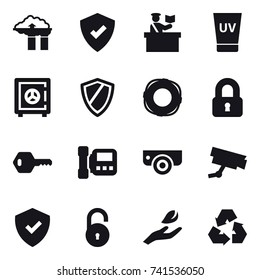 16 vector icon set : factory filter, inspector, uv cream, safe, shield, lifebuoy, locked, key, intercome, surveillance camera, hand leaf, recycling