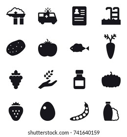 16 vector icon set : factory filter, pool, grape, harvest, pills bottle, pumpkin, strawberry, egg, peas, shampoo