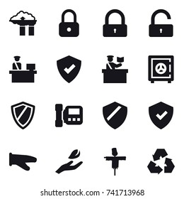 16 vector icon set : factory filter, lock, unlock, inspector, safe, shield, intercome, cook glove, hand leaf, scarecrow, recycling