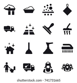 16 vector icon set : factory filter, washing, rag, sweeper, clean floor, scraper, vacuum cleaner, house cleaning, plunger, brush, toilet cleaning, home call cleaning, cleaner, outsource