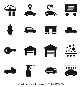 16 vector icon set : factory filter, car pointer, electric car, delivery, spark plug, car baggage, key, garage, pickup, sprayer, trash truck, car wash
