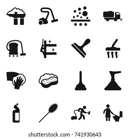 16 vector icon set : factory filter, vacuum cleaner, sweeper, skyscrapers cleaning, scraper, wiping, sponge with foam, plunger, toilet cleanser, duster, toilet cleaning