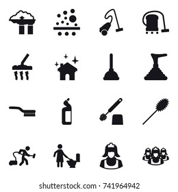 16 vector icon set : factory filter, vacuum cleaner, house cleaning, plunger, brush, toilet cleanser, toilet brush, duster, toilet cleaning, cleaner, outsource