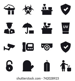 16 vector icon set : factory filter, inspector, uv cream, surveillance, intercome, surveillance camera, cook glove, dry wash, garbage bin