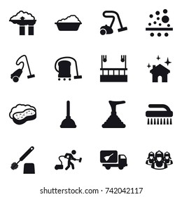 16 vector icon set : factory filter, washing, vacuum cleaner, skyscapers cleaning, house cleaning, sponge with foam, plunger, brush, toilet brush, home call cleaning, outsource