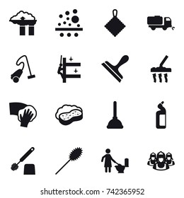 16 vector icon set : factory filter, rag, sweeper, vacuum cleaner, skyscrapers cleaning, scraper, wiping, sponge with foam, plunger, toilet cleanser, toilet brush, duster, toilet cleaning, outsource