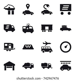 16 vector icon set : factory filter, car pointer, electric car, delivery, car baggage, trailer, taxi, transfer, barometer, garage, trash truck, sweeper, car wash