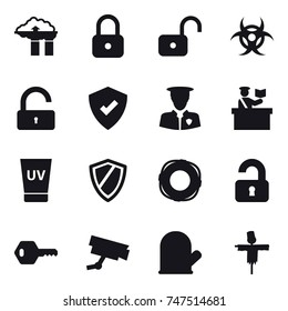 16 vector icon set : factory filter, lock, unlock, inspector, uv cream, shield, lifebuoy, unlocked, key, cook glove, scarecrow