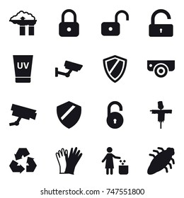 16 vector icon set : factory filter, lock, unlock, uv cream, surveillance, shield, surveillance camera, scarecrow, recycling, gloves, garbage bin, bug