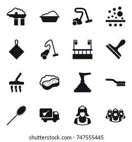 16 vector icon set : factory filter, washing, vacuum cleaner, rag, skyscaper cleaning, scraper, sponge with foam, brush, duster, home call cleaning, cleaner, outsource
