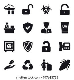 16 vector icon set : factory filter, unlock, uv cream, safe, shield, unlocked, intercome, hand leaf, recycling, garbage bin, bug