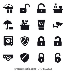 16 vector icon set : factory filter, unlock, inspector, uv cream, surveillance, safe, shield, locked, unlocked, surveillance camera