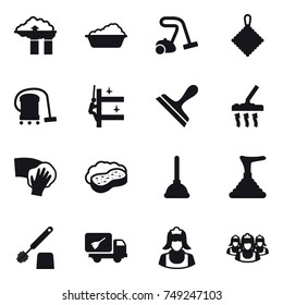 16 vector icon set : factory filter, washing, vacuum cleaner, rag, skyscrapers cleaning, scraper, wiping, sponge with foam, plunger, toilet brush, home call cleaning, cleaner, outsource