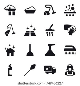 16 vector icon set : factory filter, washing, vacuum cleaner, clean floor, wiping, house cleaning, plunger, brush, toilet cleanser, duster, home call cleaning, cleaner
