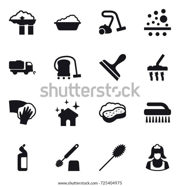 16 vector icon\
set : factory filter, washing, vacuum cleaner, sweeper, scraper,\
wiping, house cleaning, sponge with foam, brush, toilet cleanser,\
toilet brush, duster,\
cleaner
