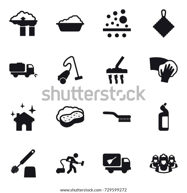 16\
vector icon set : factory filter, washing, rag, sweeper, vacuum\
cleaner, wiping, house cleaning, sponge with foam, brush, toilet\
cleanser, toilet brush, home call cleaning,\
outsource