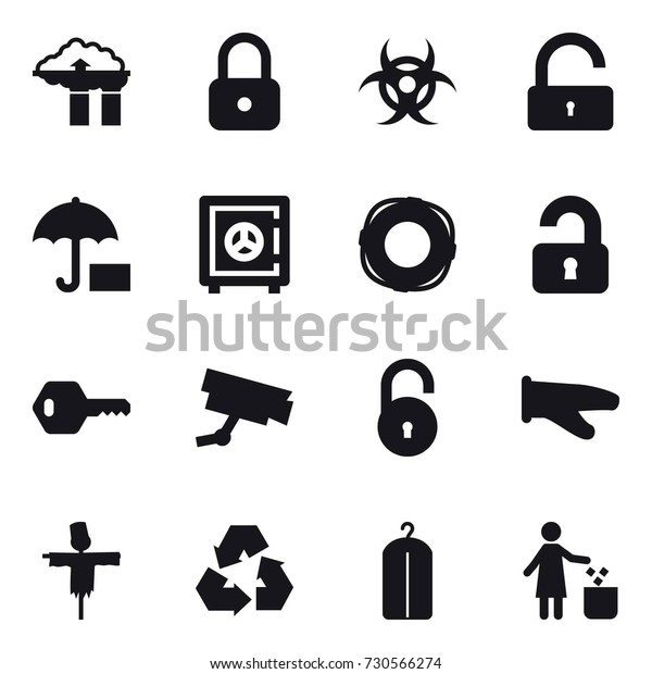 16 vector icon set : factory filter, lock, unlock,
safe, lifebuoy, unlocked, key, cook glove, scarecrow, recycling,
dry wash, garbage bin