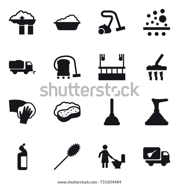 16\
vector icon set : factory filter, washing, vacuum cleaner, sweeper,\
skyscapers cleaning, wiping, sponge with foam, plunger, toilet\
cleanser, duster, toilet cleaning, home call\
cleaning