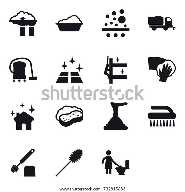 16 vector\
icon set : factory filter, washing, sweeper, vacuum cleaner, clean\
floor, skyscrapers cleaning, wiping, house cleaning, sponge with\
foam, plunger, brush, toilet brush,\
duster