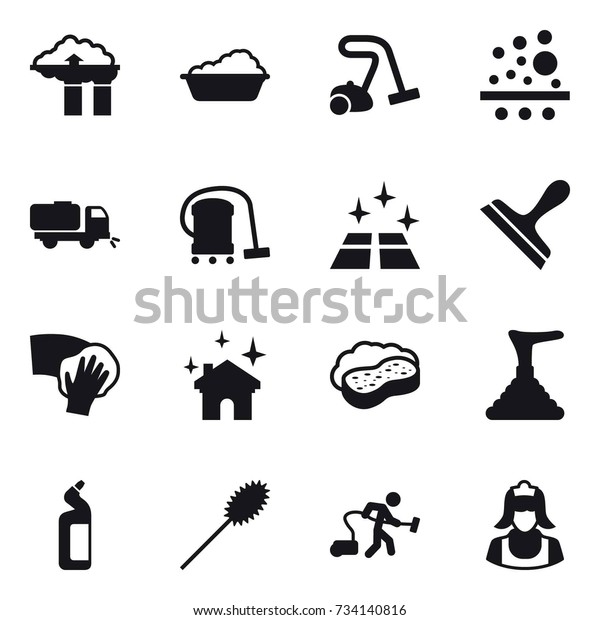 16 vector icon\
set : factory filter, washing, vacuum cleaner, sweeper, clean\
floor, scraper, wiping, house cleaning, sponge with foam, plunger,\
toilet cleanser, duster,\
cleaner