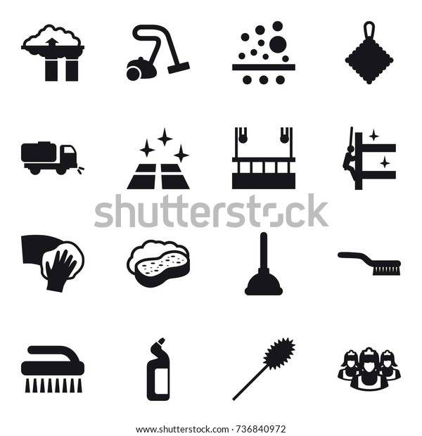 16 vector icon set : factory filter, vacuum\
cleaner, rag, sweeper, clean floor, skyscapers cleaning,\
skyscrapers cleaning, wiping, sponge with foam, plunger, brush,\
toilet cleanser, duster