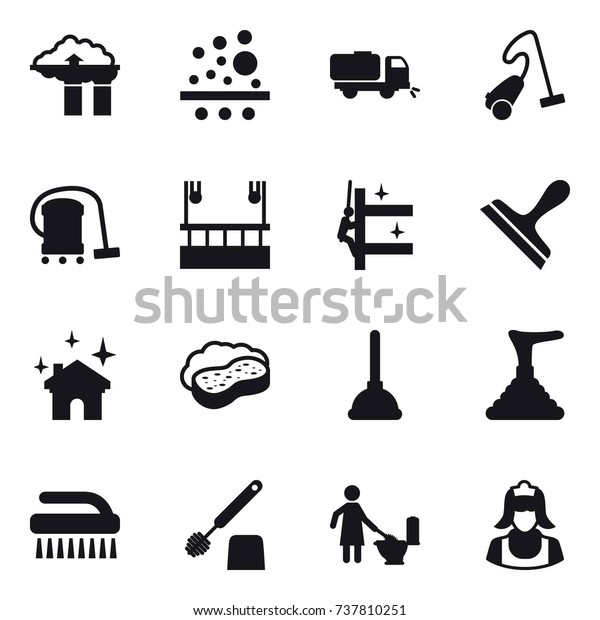 16 vector icon set : factory filter, sweeper,\
vacuum cleaner, skyscapers cleaning, skyscrapers cleaning, scraper,\
house cleaning, sponge with foam, plunger, brush, toilet brush,\
toilet cleaning