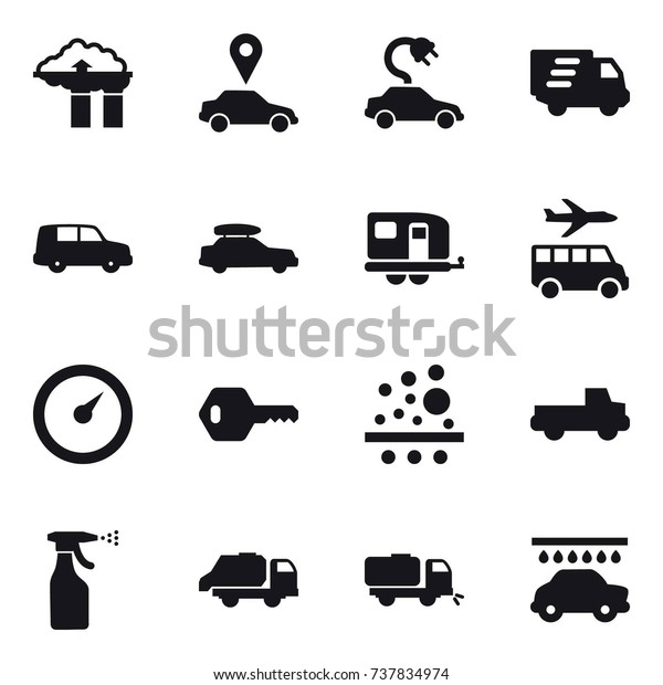 16 vector icon\
set : factory filter, car pointer, electric car, delivery, car\
baggage, trailer, transfer, barometer, key, pickup, sprayer, trash\
truck, sweeper, car wash