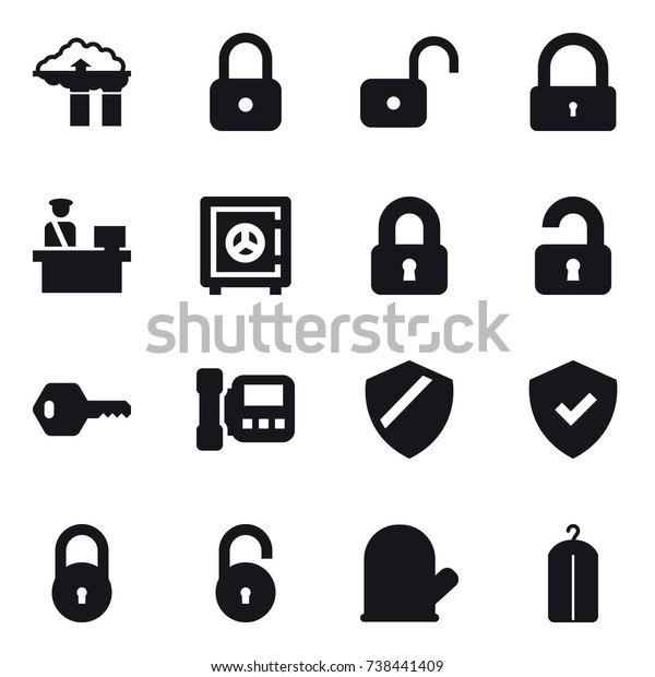 16 vector\
icon set : factory filter, lock, unlock, safe, locked, unlocked,\
key, intercome, cook glove, dry\
wash