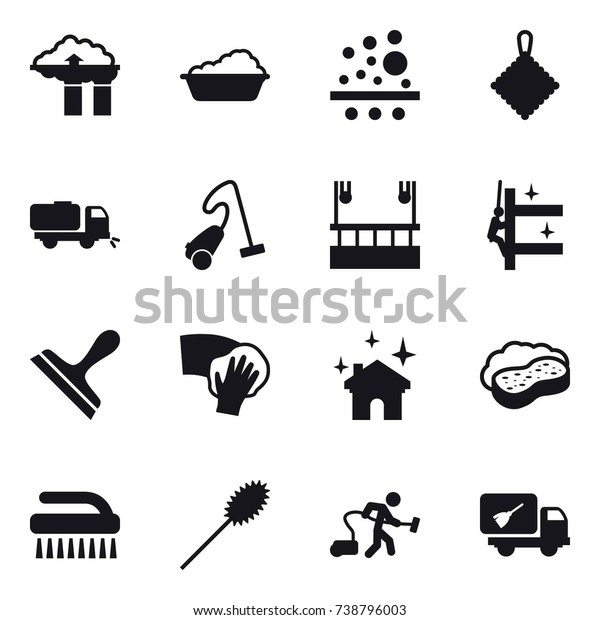 16 vector icon set : factory filter, washing, rag,
sweeper, vacuum cleaner, skyscapers cleaning, skyscrapers cleaning,
scraper, wiping, house cleaning, sponge with foam, brush,
duster