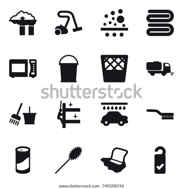 16 vector icon set : factory filter, vacuum\
cleaner, towel, bucket, trash bin, sweeper, bucket and broom,\
skyscrapers cleaning, car wash, brush, cleanser powder, duster,\
floor washing, please clean