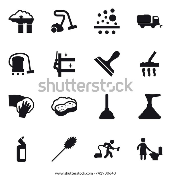 16 vector icon\
set : factory filter, vacuum cleaner, sweeper, skyscrapers\
cleaning, scraper, wiping, sponge with foam, plunger, toilet\
cleanser, duster, toilet\
cleaning