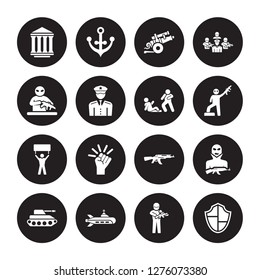 16 vector icon set : federal agency, Soldier, Submarine, Tank, Terrorist, Shield, guerrilla, Revolt, Assault isolated on black background