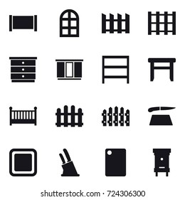 16 vector icon set : fence, arch window, chest of drawers, wardrobe, rack, stool, crib, cutting board, knife holder, hive