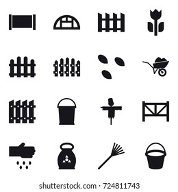 16 vector icon set : fence, greenhouse, seeds, wheelbarrow, bucket, scarecrow, farm fence, sow, fertilizer, rake