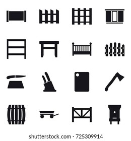16 vector icon set : fence, wardrobe, rack, stool, crib, cutting board, knife holder, axe, barrel, trailer, farm fence, hive