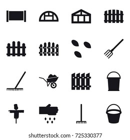 16 vector icon set : fence, greenhouse, seeds, fork, rake, wheelbarrow, bucket, scarecrow, sow
