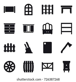 16 vector icon set : fence, arch window, table, chest of drawers, wardrobe, dresser, rack, knife holder, cutting board, axe, wheel, barrel, farm fence, hive