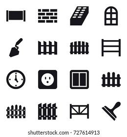 16 vector icon set : fence, brick wall, brick, arch window, construction, watch, power socket, power switch, farm fence, scraper