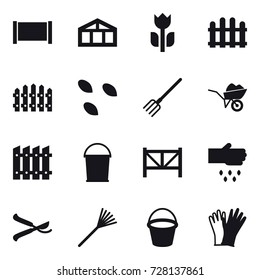 16 vector icon set : fence, greenhouse, seeds, fork, wheelbarrow, bucket, farm fence, sow, pruner, rake, gloves