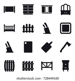 16 vector icon set : fence, chest of drawers, wardrobe, dresser, crib, stands for knives, cutting board, knife holder, axe, barrel, farm fence, hive
