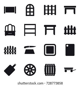 16 vector icon set : fence, arch window, table, dresser, rack, stool, cutting board, wheel, barrel, trailer